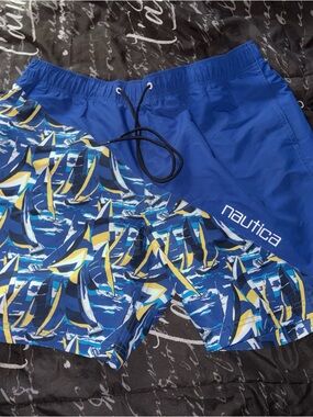 Nautica Men's Heritage Diagonal Full Elastic 8 Swim Trunks Size XL Navy Blue
